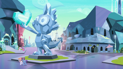 Size: 1280x720 | Tagged: safe, derpibooru import, screencap, spike, crystal pony, dragon, pony, the parent map, background pony, city, crystal empire, crystal griffon, spike statue, statue, town square