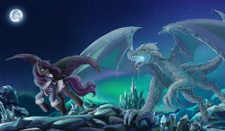 Size: 4249x2480 | Tagged: safe, artist:lifejoyart, derpibooru import, oc, oc only, oc:algez, oc:sirius kimondo, dragon, pegasus, pony, chase, clothes, crystal, crystal mountains, dragon oc, night, pony as dragon, snow, spread wings, wings