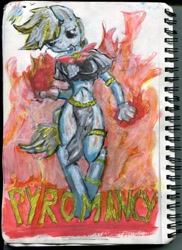 Size: 1851x2542 | Tagged: safe, artist:halfaman, derpibooru import, oc, anthro, acrylic painting, fire, gold, pyromancy, sketch, solo, traditional art