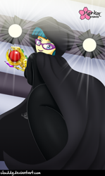 Size: 596x1000 | Tagged: safe, artist:clouddg, juniper montage, equestria girls, movie magic, spoiler:eqg specials, bodysuit, cape, clothes, glasses, looking at you, looking back, smiling, solo, stage light