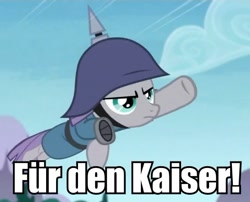 Size: 580x469 | Tagged: safe, artist:anonymous, derpibooru import, edit, edited screencap, screencap, maud pie, maud pie (episode), /mlpol/, caption, cartoon, cropped, german, germany, helmet, image macro, meme, pickelhaube, sieg heil, soldier, translated in the comments