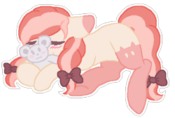 Size: 515x346 | Tagged: safe, artist:adostume, derpibooru import, oc, oc only, pony, blushing, bow, hair bow, plushie, simple background, smiling, solo, tail bow, teddy bear, transparent background