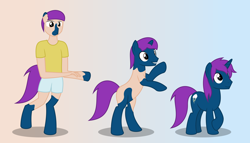 Size: 11200x6400 | Tagged: safe, artist:parclytaxel, derpibooru import, oc, oc only, oc:thunder glade, human, pony, unicorn, .svg available, absurd resolution, bipedal, clothes, crossed hooves, gradient background, human to pony, male, solo, stallion, transformation, transformation sequence, vector