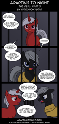 Size: 960x2000 | Tagged: safe, artist:terminuslucis, derpibooru import, oc, oc only, earth pony, pony, unicorn, comic:adapting to night, comic:adapting to night: the deal, armor, comic, dialogue, jail, prison