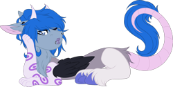 Size: 2603x1315 | Tagged: safe, artist:sweethearttarot, derpibooru import, oc, oc only, oc:cosmic hijinx, draconequus, blue hair, cloven hooves, donkey ears, draconesona, folded wings, gages, makeup, one eye closed, paws, piercing, ponysona, rat tail, simple background, solo, transparent background, unshorn fetlocks, wink