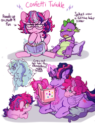 Size: 1536x2027 | Tagged: safe, artist:thotticus, derpibooru import, pinkie pie, spike, twilight sparkle, twilight sparkle (alicorn), oc, oc:confetti, alicorn, dragon, earth pony, pony, unicorn, babysitting, book, cutie mark, female, glasses, glowing horn, lesbian, magic, magical lesbian spawn, male, mare, offspring, parent:pinkie pie, parent:twilight sparkle, parents:twinkie, pillow, reading, shipping, sitting, sleeping, telekinesis, twinkie