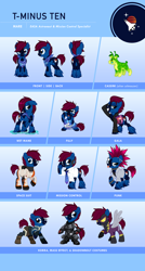 Size: 2500x4667 | Tagged: safe, artist:centchi, derpibooru import, oc, oc:t-minus ten, dog, earth pony, pony, astronaut, clothes, costume, female, filly, glasses, mare, mass effect, punk, reference sheet, shadowbolts costume, spacesuit, the legend of korra, wet mane