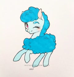 Size: 1024x1066 | Tagged: safe, artist:va1ly, oc, oc only, oc:curly mane, pony, sheep, female, one eye closed, solo, wink