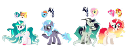 Size: 1024x386 | Tagged: safe, artist:akiiichaos, derpibooru import, oc, oc only, hybrid, unicorn, interspecies offspring, magical lesbian spawn, offspring, parent:daybreaker, parent:fluttershy, parent:mistmane, parent:rainbow dash, parent:storm king, parents:sunsetpie, simple background, transparent background