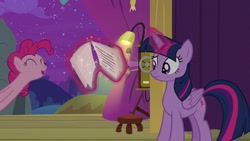 Size: 1200x675 | Tagged: safe, derpibooru import, screencap, pinkie pie, twilight sparkle, twilight sparkle (alicorn), alicorn, earth pony, pony, horse play, curtain, glowing horn, lamp, script, smiling, stage, stool