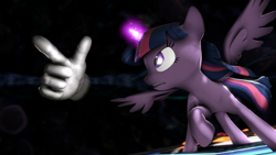 Size: 1920x1080 | Tagged: safe, artist:wiizzie, twilight sparkle, twilight sparkle (alicorn), alicorn, pony, 3d, fight, hand, magic, master hand, solo, super smash bros.