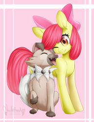 Size: 1024x1325 | Tagged: safe, artist:noodlefreak88, derpibooru import, apple bloom, earth pony, pony, bow, crossover, female, filly, hair bow, pokémon, rockruff, smiling, watermark