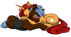 Size: 1600x832 | Tagged: safe, artist:dragonfoxgirl, oc, oc only, earth pony, pony, unicorn, clothes, cuddling, female, male, mare, simple background, snuggling, stallion, transparent background, vest