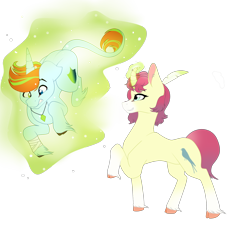 Size: 2000x2135 | Tagged: safe, artist:xxmissteaxx, derpibooru import, oc, oc only, oc:jewel mint, oc:skiira, classical unicorn, pony, unicorn, cloven hooves, curved horn, female, heterochromia, high res, leonine tail, magic, male, mare, simple background, stallion, transparent background, unshorn fetlocks