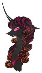 Size: 857x1500 | Tagged: safe, artist:australian-senior, oc, oc only, oc:queen rhodonite, changeling, changeling queen, crystal pony, pony, alternate universe, bust, changeling oc, changeling queen oc, colored sclera, crystallized, fangs, female, kirindos, pink eyes, purple changeling, simple background, solo, transparent background