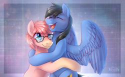 Size: 1300x800 | Tagged: safe, artist:andyfirelife, oc, oc only, oc:jettrax, oc:peachy socks, earth pony, pegasus, pony, abstract background, blushing, ear fluff, eyes closed, freckles, gay, glasses, happy, hug, male, open mouth, smiling, spread wings, stallion, wings