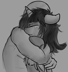 Size: 1187x1253 | Tagged: safe, artist:duop-qoub, derpibooru import, twilight sparkle, twilight sparkle (alicorn), oc, oc:anon, alicorn, human, pony, comforting, comforting twilight, crying, eyes closed, grayscale, hug, monochrome, sad