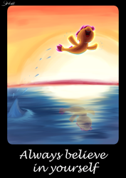 Size: 1488x2105 | Tagged: safe, artist:shaliwolf, derpibooru import, scootaloo, seapony (g4), surf and/or turf, border, jumping, motivational, motivational poster, ocean, scene interpretation, seaponified, seapony scootaloo, solo, species swap, sunset, text, water