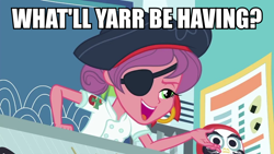 Size: 960x540 | Tagged: safe, derpibooru import, edit, edited screencap, screencap, carrot bun, better together, equestria girls, x marks the spot, eyepatch, image macro, meme, pirate