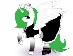 Size: 4000x3050 | Tagged: source needed, safe, artist:tisha, derpibooru import, oc, oc only, oc:princess margarita, alicorn, alicorn oc, clothes, female, gradient hooves, looking at you, maid, maid headdress, raised hoof, simple background, socks, transparent background