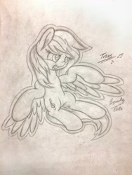 Size: 1500x2000 | Tagged: safe, artist:squeaky-belle, derpibooru import, oc, oc only, oc:tridashie, pegasus, pony, atg 2018, flying, newbie artist training grounds, solo, traditional art