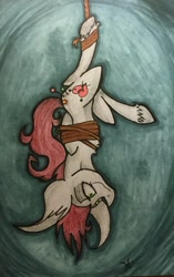 Size: 1024x1635 | Tagged: safe, artist:monochromepony625, oc, oc only, oc:pin cushion, hanging, photo, solo, traditional art, unamused