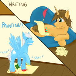 Size: 1500x1500 | Tagged: safe, artist:djose-ohara, oc, oc only, oc:djose, oc:jetstream, pegasus, pony, unicorn, painting, prone, quill, spread wings, writing