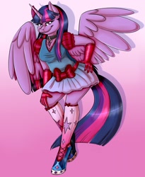 Size: 1049x1280 | Tagged: safe, artist:sinligereep, twilight sparkle, twilight sparkle (alicorn), alicorn, anthro, unguligrade anthro, clothes, dress, female, gloves, hand on hip, kneesocks, necklace, shoes, simple background, smiling, socks, solo