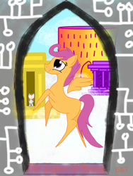 Size: 768x1024 | Tagged: safe, artist:sixes&sevens, derpibooru exclusive, derpibooru import, scootaloo, pegasus, pony, circuit board, cloud, fanfic, fanfic art, fanfic cover, female, roman, temple