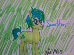 Size: 1280x960 | Tagged: safe, artist:johng15, derpibooru import, sandbar, earth pony, pony, green background, male, signature, smiling, solo, teenager, text, traditional art