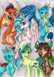 Size: 816x1163 | Tagged: safe, artist:neobubbles, derpibooru import, gallus, ocellus, sandbar, silverstream, smolder, yona, changedling, changeling, dragon, earth pony, griffon, hippogriff, pony, yak, looking at you, purple background, simple background, student six, traditional art