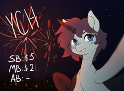 Size: 1598x1179 | Tagged: safe, artist:koviry, derpibooru import, oc, oc only, pony, commission, commission info, fireworks, night, selfie, smiling, solo, your character here