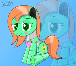 Size: 2000x1744 | Tagged: safe, artist:trackheadtherobopony, derpibooru import, oc, oc:goldheart, pony, robot, robot pony, blushing, cute, looking at you, ocbetes, signature, simple background, sitting, solo, zoom layer