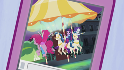 Size: 1280x720 | Tagged: safe, derpibooru import, screencap, pinkie pie, rarity, twilight sparkle, twilight sparkle (alicorn), alicorn, pony, equestria girls, perfect day for fun, rainbow rocks, carousel, human ponidox, self ponidox