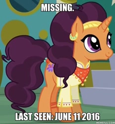 Size: 600x646 | Tagged: safe, derpibooru import, edit, edited screencap, screencap, saffron masala, pony, unicorn, spice up your life, clothes, cropped, ear piercing, earring, female, image macro, jewelry, mare, meme, missing, piercing, smiling, solo