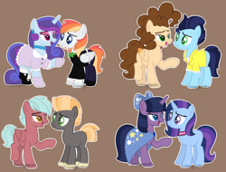 Size: 2892x2200 | Tagged: safe, artist:crybabyadopts, derpibooru import, oc, oc only, earth pony, pegasus, pony, unicorn, adoptable, base used, beard, bow, bowtie, brother and sister, brothers, brown background, cape, choker, clothes, colored pupils, dress, facial hair, female, freckles, hair bow, magical gay spawn, magical lesbian spawn, male, offspring, outline, parent:big macintosh, parent:cheese sandwich, parent:rainbow dash, parent:rarity, parent:soarin', parent:thunderlane, parent:trixie, parent:twilight sparkle, parents:raridash, parents:soarinsandwich, parents:thundermac, parents:twixie, shirt, siblings, simple background, sisters, unnamed oc, unshorn fetlocks