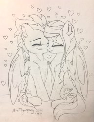 Size: 2327x3027 | Tagged: safe, artist:airfly-pony, derpibooru import, oc, oc only, oc:scarlett drop, oc:wing hurricane, pegasus, pony, cute, eyes closed, female, heart, hug, large wings, lineart, love, male, mare, oc x oc, rcf community, scarricane, shipping, smiling, stallion, straight, traditional art, wings