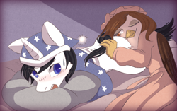 Size: 1876x1181 | Tagged: safe, artist:circle edward, derpibooru import, oc, oc:schwarz, oc:zahnrad, griffon, pony, unicorn, blushing, butt pillow, clothes, male, stallion, zarz