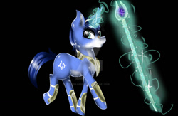 Size: 1024x666 | Tagged: safe, artist:hellcandycz, pony, armor, black background, glowing horn, krystal, magic, ponified, pony only, simple background, staff, star fox, star fox adventures