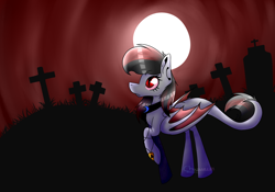 Size: 1100x768 | Tagged: safe, artist:chazmazda, derpibooru import, oc, oc only, oc:black heart, bat pony, vampire, commission, flat color, fullbody, grave, gravestone, graveyard, jewelry, long tail, moon, necklace, outline, shade, shading, solo, wings