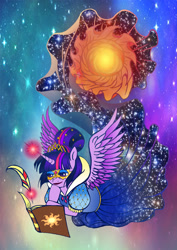 Size: 1654x2339 | Tagged: safe, artist:little-winged-angel, twilight sparkle, twilight sparkle (alicorn), alicorn, pony, clothes, dress, magic, mask, quill, solo, space, telekinesis, writing