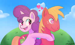 Size: 3388x2058 | Tagged: safe, artist:xan-gelx, derpibooru import, big macintosh, sugar belle, earth pony, pony, unicorn, female, heart eyes, male, mare, shipping, sky, smiling, stallion, straight, sugarmac, wingding eyes