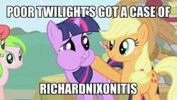 Size: 960x540 | Tagged: safe, derpibooru import, edit, edited screencap, screencap, applejack, peachy sweet, red gala, twilight sparkle, unicorn twilight, earth pony, pony, unicorn, friendship is magic, apple family member, image macro, meme, puffy cheeks, richard nixon