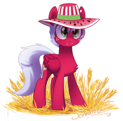 Size: 898x889 | Tagged: safe, artist:sonnatora, oc, oc only, oc:melon frost, pegasus, pony, chest fluff, cute, female, freckles, hat, hay, lip piercing, mare, piercing, simple background, snake bites, solo, sun hat, transparent background