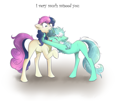 Size: 2400x2000 | Tagged: safe, artist:wacky-skiff, bon bon, lyra heartstrings, sweetie drops, earth pony, pony, unicorn, chest fluff, ear fluff, female, floppy ears, happy, high res, hug, lesbian, lyrabon, missing cutie mark, misspelling, shipping