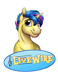 Size: 3000x4000 | Tagged: safe, artist:lupiarts, derpibooru import, oc, oc only, oc:livewire, unicorn, badge, commission, digital art, music notes, simple background, solo, transparent background, treble clef