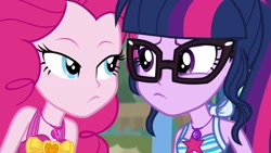 Size: 1280x720 | Tagged: safe, derpibooru import, screencap, pinkie pie, sci-twi, twilight sparkle, better together, equestria girls, friendship math, close-up, duo, duo female, female, geode of sugar bombs, geode of telekinesis, glasses, lidded eyes, looking at each other, unamused