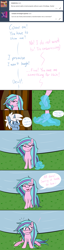 Size: 1280x5038 | Tagged: safe, artist:hummingway, oc, oc only, oc:cerulean mist, oc:swirly shells, merpony, pony, unicorn, absurd resolution, ask-humming-way, comic, dialogue, duo, exclamation point, female, mare, speech bubble, thought bubble, transformation, tumblr, tumblr comic