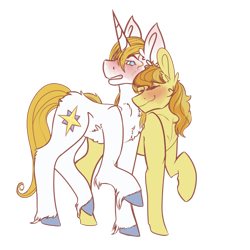 Size: 1024x1024 | Tagged: safe, artist:julytoo, derpibooru import, braeburn, prince blueblood, earth pony, pony, unicorn, blueburn, crack shipping, gay, male, raised hoof, shipping, simple background, transparent background, unshorn fetlocks