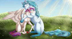 Size: 1375x750 | Tagged: safe, artist:bijutsuyoukai, derpibooru import, oc, oc only, oc:sapphira, earth pony, pegasus, pony, female, hug, male, mare, siblings, stallion